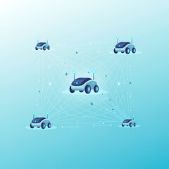 Corporate vector illustration showing a network of delivery robots connected by digital lines. Soft blue and teal tones