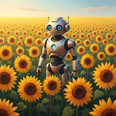 illustration of a robot in a field of sunflowers