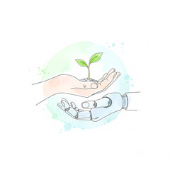 illustration with soft watercolor fills showing a robot's hand and a human hand holding a single sprout