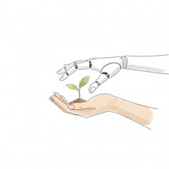 line art illustration with soft watercolor fills showing a robot's hand and a human hand holding a single sprout