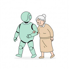 Minimalist flat vector illustration of a friendly faceless humanoid robot walking with an elderly woman