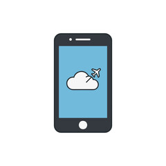 An illustrative graphic of a smartphone displaying an icon of a cloud and an airplane, symbolizing seamless mobile connectivity for travel, remote data access, and cloud-based services