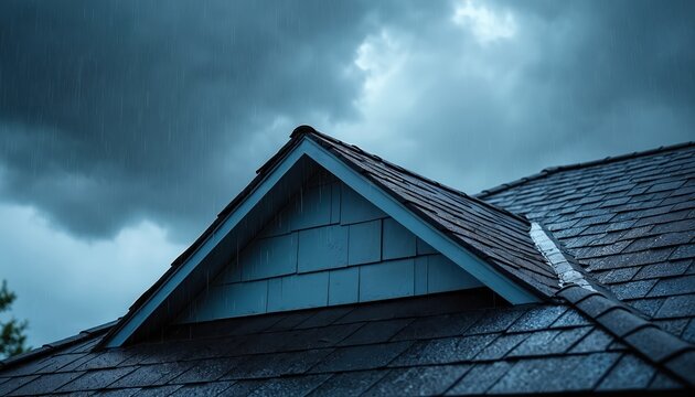 Dark storm clouds gather over a wet roof during heavy rainfall. The shingled surface shows signs of potential hail damage, indicating weather threats.