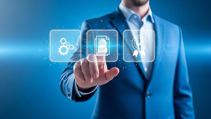 Businessman interacting with digital interface icons for business solutions