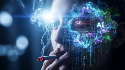 A person smoking a cigarette with glowing AI brain activity and digital data streams emanating from their mind.