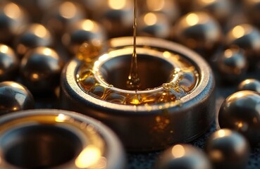 Ball bearings get lubricated with golden oil. Metal spheres fill frame. Close view of mechanical parts. Smooth motion creation. Industrial precision work. Machine elements are vital.
