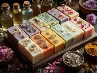 Artisan handmade soap bars featuring colorful natural botanicals and essential oil bottles arranged on a rustic wooden board for luxury spa promotion