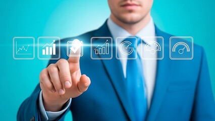 Businessman interacting with digital interface for data analysis and growth
