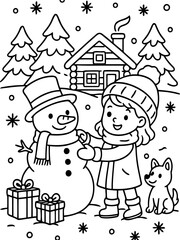 Fototapeta premium Winter's Embrace: A child lovingly interacts with a snowman against the backdrop of a snow-covered scene, embodying the spirit of winter and the joy of simple pleasures.