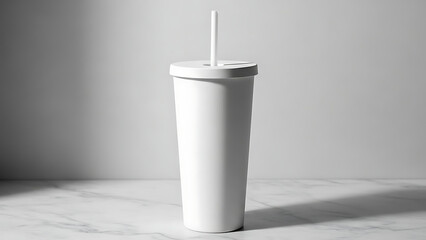 Minimalist white tumbler with lid and straw on marble surface in soft natural light, studio product photography from front view showcasing sleek design