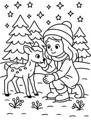 Fototapeta premium Friendship in Winter Wonderland: A heart-warming illustration of a young girl with her gentle hands gently stroking a tiny deer, standing amidst the winter wonderland scene.