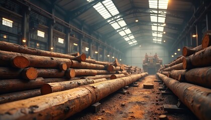 Wood logs are stacked inside industrial warehouse. Heavy machinery operates in background. Sunlight streams through skylights onto lumber. Timber processing plant prepares wood for use.