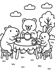 Fototapeta premium Tea Party with Animal Friends: A charming illustration depicts a tea party with a capybara, a bear and a rabbit, gathered around a small table, inviting smiles and sparking imagination.