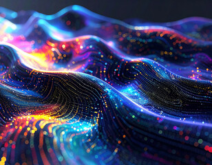 Abstract Data Flow: A captivating digital display of luminous particles and flowing lines, creating a mesmerizing visual representation of abstract data movement and technological dynamism.