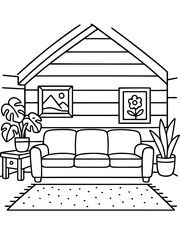 Cozy Interior Line Art: Simple line drawing showcases a comfortable living space, featuring a sofa, potted plants, framed art, and a rug. This inviting illustration embodies serenity and home comfort.