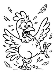 Comical Chicken's Confusion: A humorous cartoon chicken, with wide eyes and a look of utter bewilderment, flaps its wings in a frenzy, feathers and droplets scattered around.