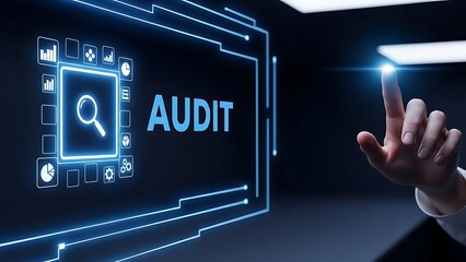 Businessman interacting with futuristic audit interface on digital screen