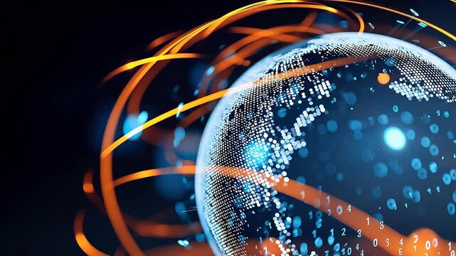 Digital globe with binary code and light trails