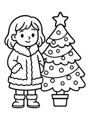 Fototapeta premium Festive Portrait: A joyful young person, bundled up for the season, stands beside a decorated evergreen, a symbol of cheer and the winter holidays. 