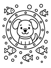 Obraz premium Dog's Underwater Adventure: An adorable cartoon dog peeks from a round porthole surrounded by playful fish, evoking a sense of wonder and childlike delight.