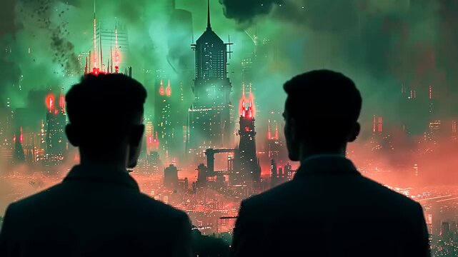 Two People Standing Watching the Destruction and Disaster of Metropolis City Skyline