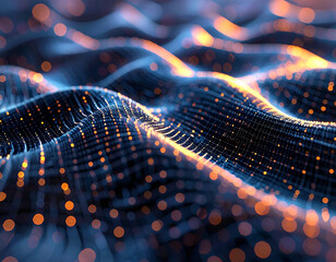 Digital Abstract: A mesmerizing visual representation of interconnected data, forming undulating waves of light and energy, illustrating the intricacies of technology and information. 