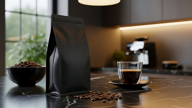 Morning coffee ritual with shimmering beans, cup, and black packaging on kitchen countertop, cozy indoor lifestyle view