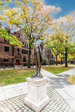 This bronze statue commemorating famous patriot Nathan Hale stands in Yale's Old Campus, next to Connecticut Hall, Hale's former dormitory