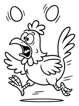 Panic Run: A comical cartoon depicts a frenzied chicken in a moment of sheer panic, racing across the scene with eggs flying. A vibrant visual of unexpected circumstances.