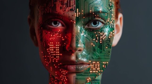 Dual nature face split between human and glowing circuit board technology