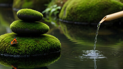Zen Stacked Moss Stones Bamboo Water Feature Tranquility