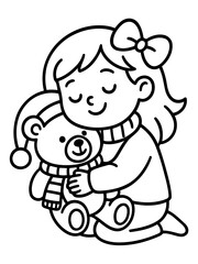 Fototapeta premium Child and Teddy bear Embrace: A heartwarming depiction of a young girl, radiating serenity, as she gently embraces a cuddly teddy bear, her eyes closed in peaceful tranquility.