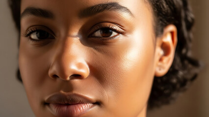 Closeup portrait of a young Black woman with clear skin and dark eyes.