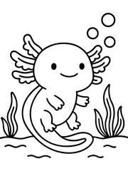 Obraz premium Smiling Axolotl Illustration: A charming, outlined illustration of an axolotl, its face wreathed in a gentle smile, bubbles gently rising.