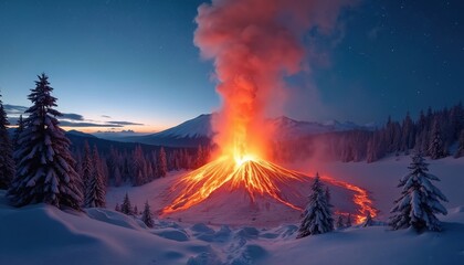 Fiery volcano erupts lava flow down snow covered mountain. Dense pine forest surrounds peak. Starry night sky above dramatic natural disaster scene.