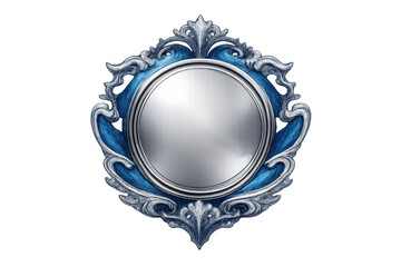 Obraz premium Ornate silver round frame with baroque style flourishes and metallic blue accents, ideal for luxury design elements