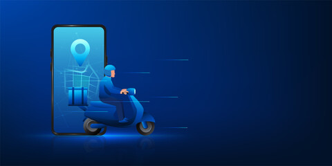 Delivery Technology Concept, Online Shopping via Smartphone with GPS Map, Motorcycle Courier Delivering Packages, Mobile App Logistics, Fast Delivery Service, E-commerce and Smart Transportation