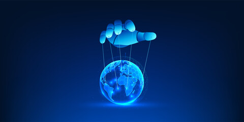 Artificial Intelligence Controlling the World Concept, Robot Hand Manipulating Earth Like Puppet, AI World Domination, Future Technology Power, Ethical AI and Global Control Background