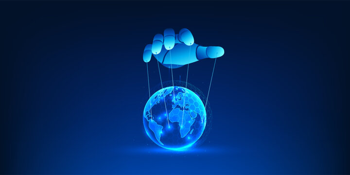 Artificial Intelligence Controlling the World Concept, Robot Hand Manipulating Earth Like Puppet, AI World Domination, Future Technology Power, Ethical AI and Global Control Background