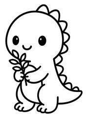 Fototapeta premium Friendly Dinosaur with a Sprig: A charming and amicable cartoon dinosaur is holding a sprig in its delicate paws, exuding a sense of tranquility and joy.