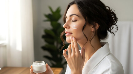 Woman applying face cream for skincare routine 4.