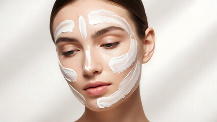 Woman with White Cream Mask Applied to Face.