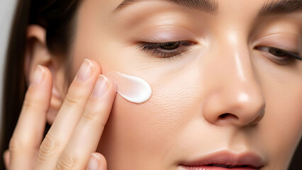 Woman applying moisturizing cream to her face.