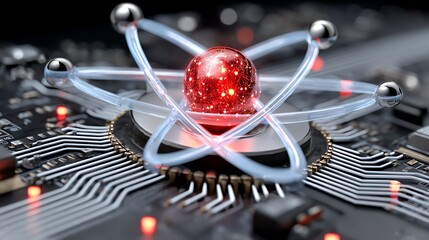 A close-up view of a digital circuit board featuring a vibrant red atomic model