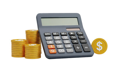 Calculator with stacks of gold coins and a dollar coin