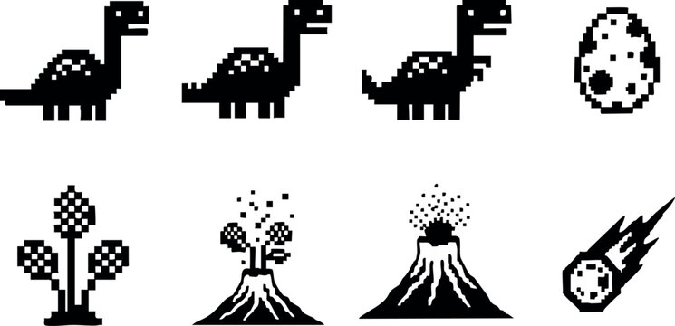 Pixel Art Dinosaurs Volcanoes Plants and Meteor Vector Icons in Black and White 