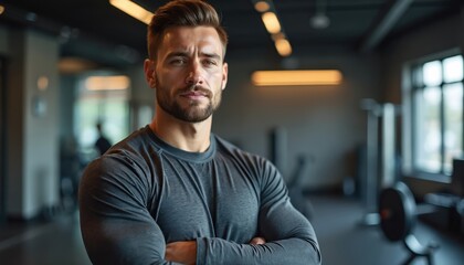 Fit man fitness trainer in sportswear stands arms crossed in gym. Confident male athlete poses with muscular physique. Professional portrait captures health and strength indoors with copy space.