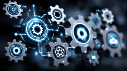 A close-up view of futuristic gears and cogs with a glowing digital interface. This image represents the intersection of technology and machinery, ideal for innovation themes.