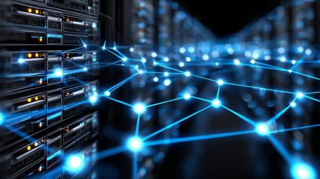 A futuristic data center with advanced servers, illuminated connections, and a network of bright nodes. Ideal for illustrating concepts of data storage, security, and connectivity.