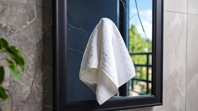 Clean white towel hanging on a black framed mirror with reflections
